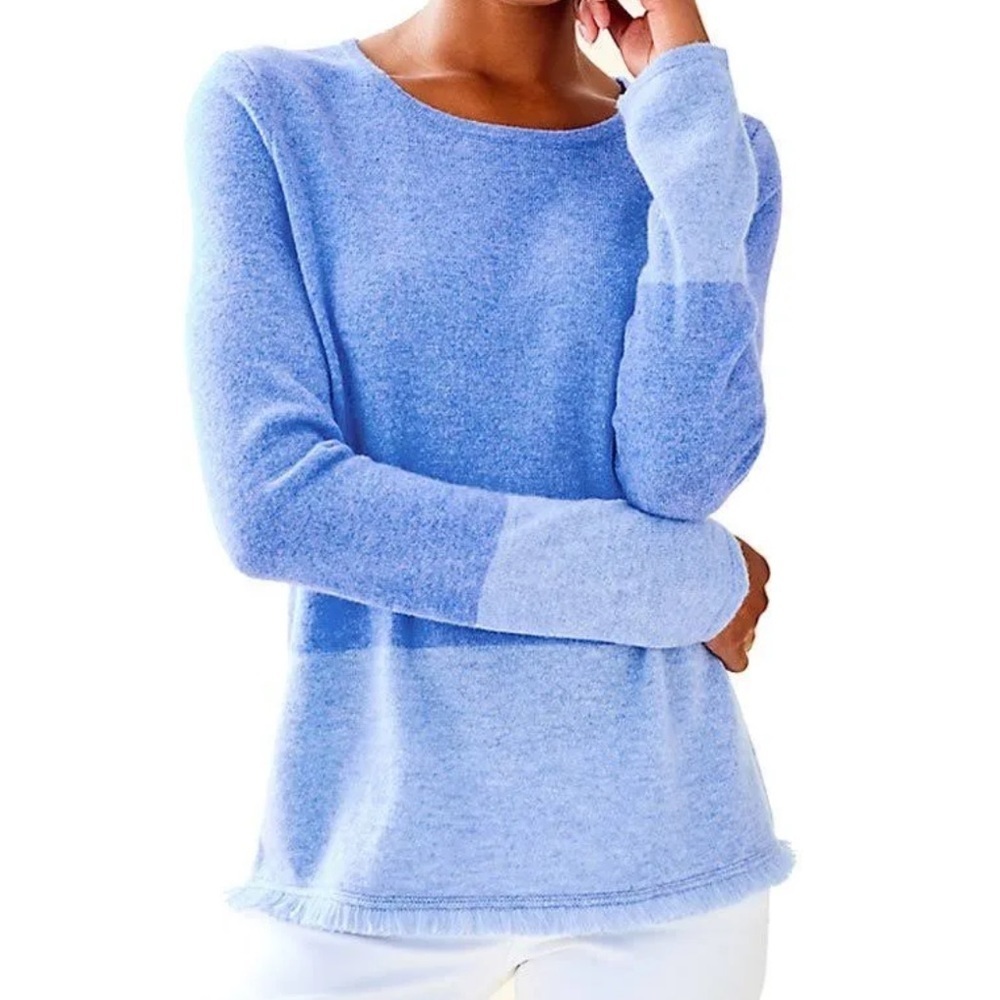 Lilly Pulitzer Rica Cashmere Blue Block Fringe Sweater - Picture 1 of 9